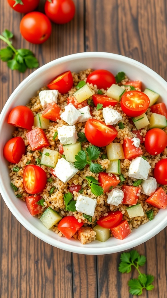 A colorful Mediterranean quinoa salad with tomatoes, cucumber, parsley, and feta cheese on a wooden table.